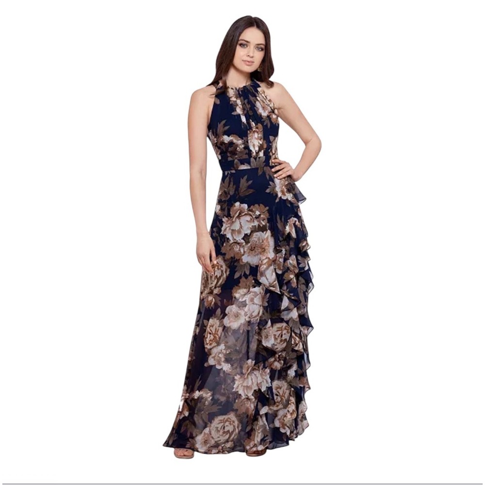 B&A by Betsy & Adam Petite Floral Chiffon Ruffle Gown Size 4P NWT